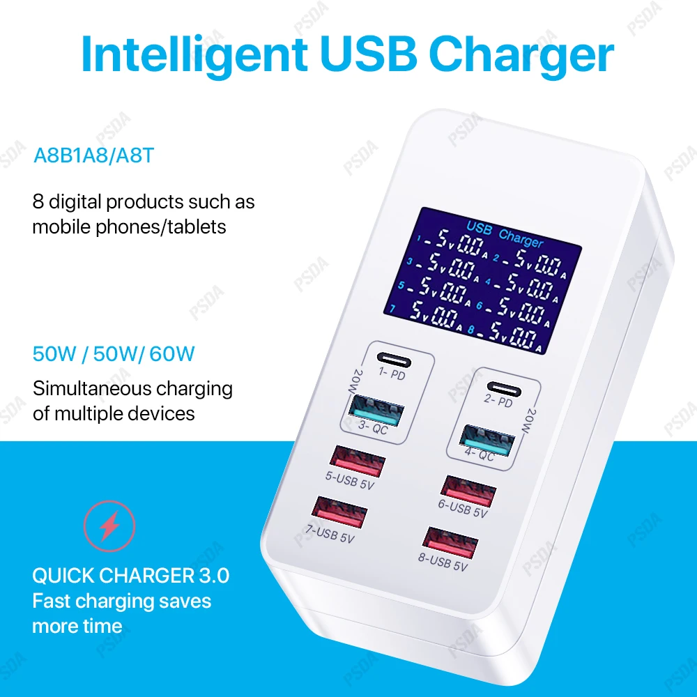 Eonline 3D Angel Multiple USB Charger LCD Display 8 Port Desktop Charging Station for Tablet Laptop