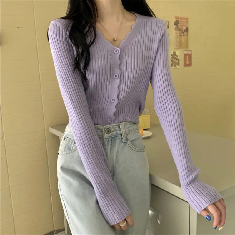 Korean Fashion Cardigan for Women Solid Color Single Breasted V-Neck Slim Long Sleeve Top Spring/Autumn Women\'s Sweater