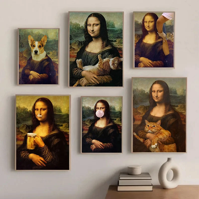 Funny Mona Lisa with Cat Poster Prints Canvas Paintings Bar Hotel Wall Art Decorative Painting Mural Living Room Home Decor