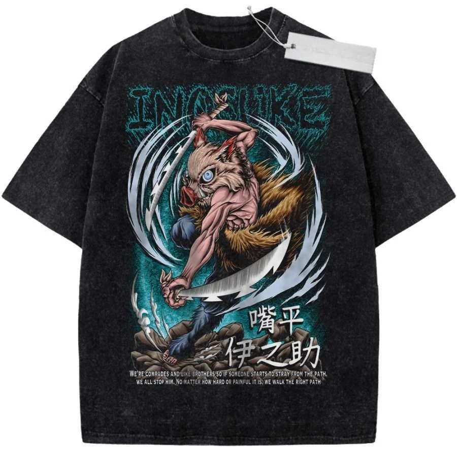 Unisex Schwarzes Vintage T-Shirt mit Dämonentöter-Inosuke-Schweinekopf-Schwertmotiv aus Hochwertigem Stoff für Fitness und Freizeit