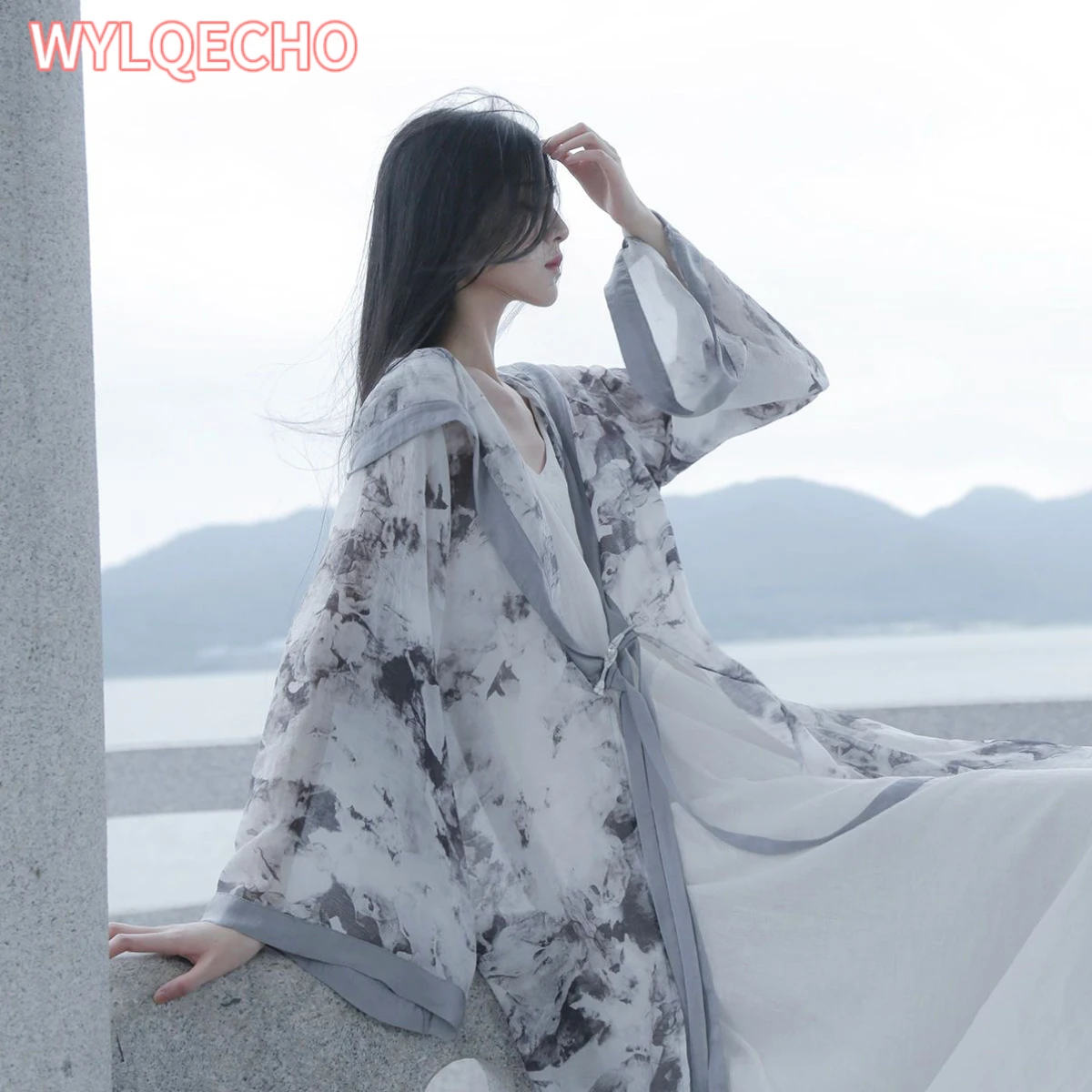 Hanfu Chinese Style Spring Summer Homemade Ink Wash Zen Elegant Hooded Witch Long Cardigan Autumn Jacket Women Y2K