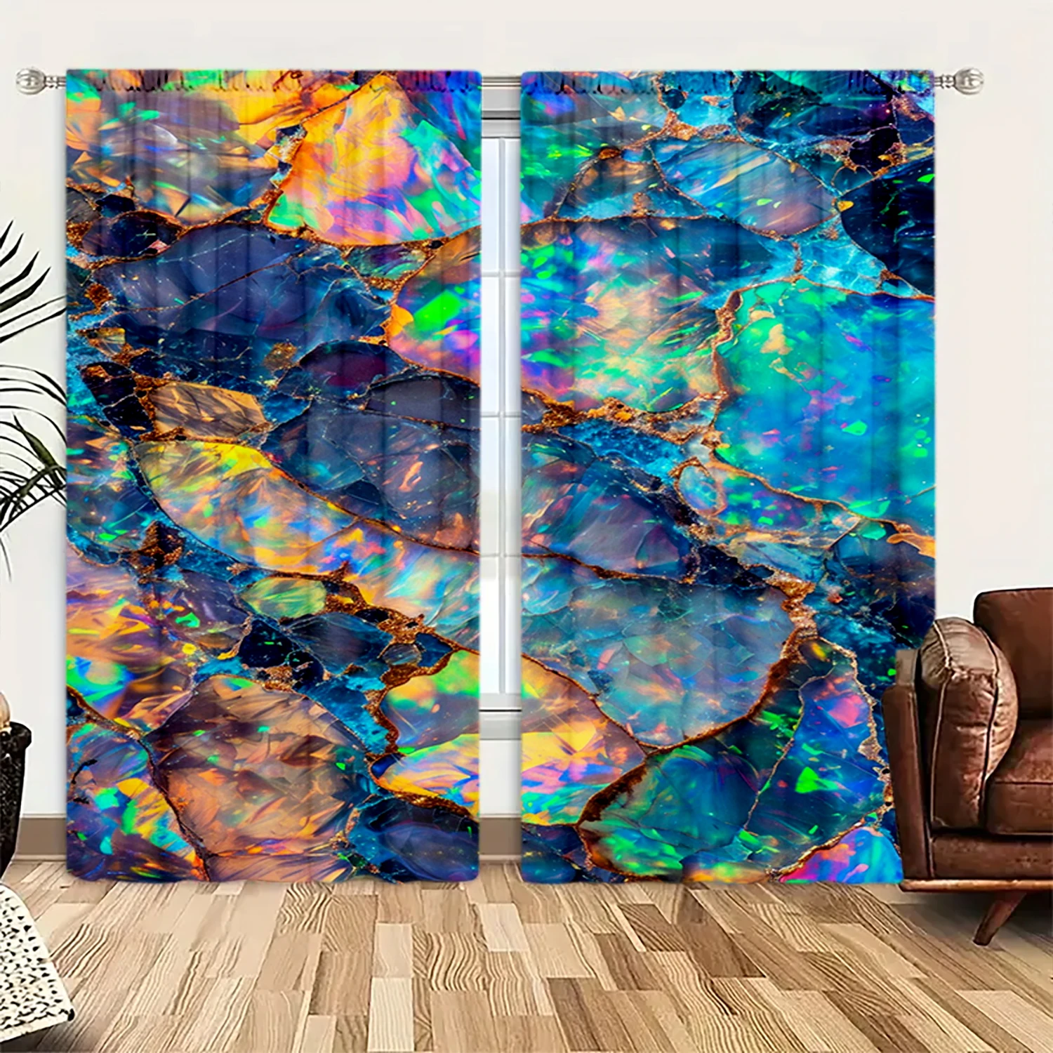 2pcs Brilliant Colored Glass Stone Printed Curtain for Home Decor - Rod Pocket Window Treatment for Bedroom, Office, Kitchen