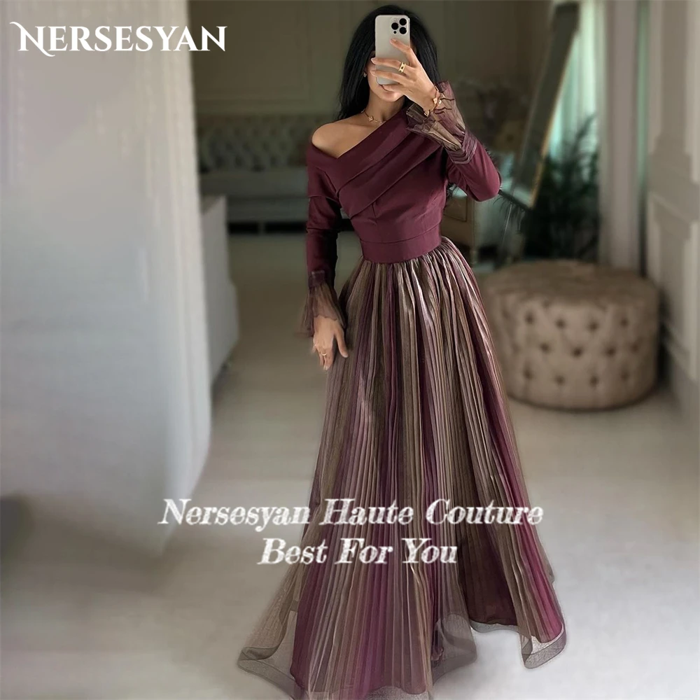 Nersesyan Fire Brick Dubai Formal Evening Dresses Off Shoulder A-Line Pleated Prom Dress Flare Sleeves Celebrity Party Gowns
