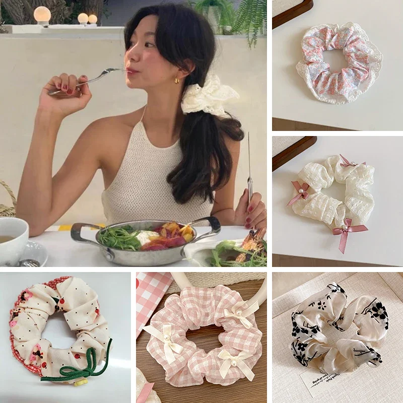 Pink Bow Imitation Pearl Large Scrunchie Sweet Elastic High Ponytail Holder Plaid Dot Lace Hair Ties for Women New Accessories