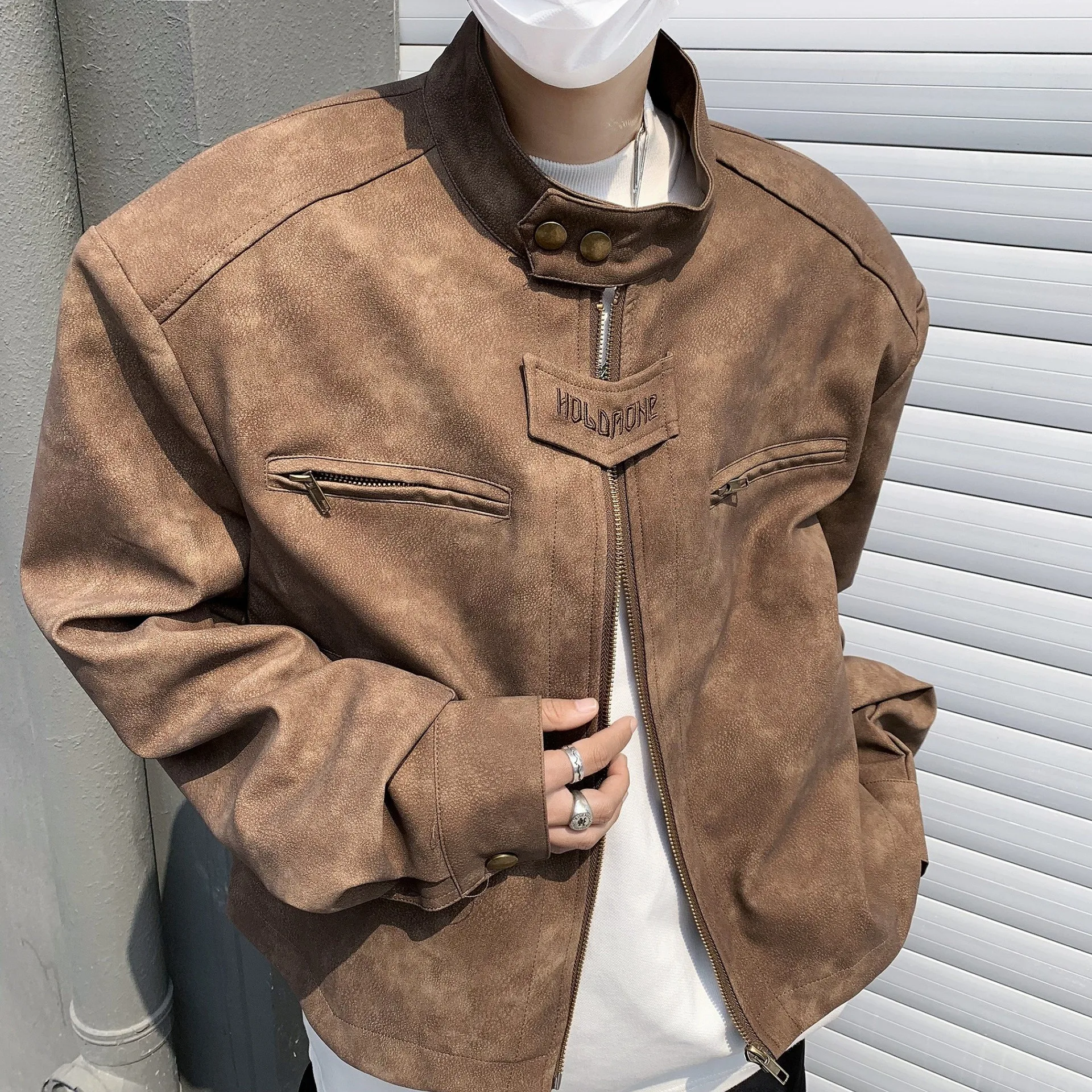 

High-end niche high street jacket boys' short brown brown bomber jacket American retro motorcycle jacket leather