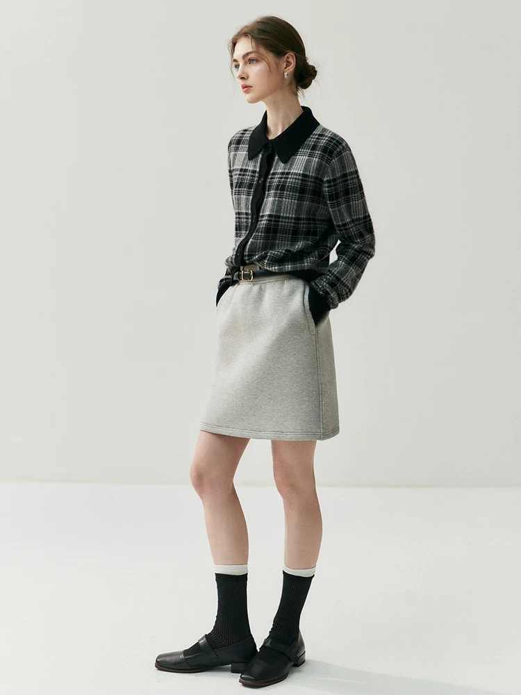 Women's Polo Collar Cardigan 100% Cashmere Sweater Color Blocked Plaid Knitwear Autumn Winter Loose Classic Tops Short Clothing