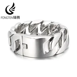 Fongten 31mm Width Big Heavy Cool Men's Bracelets Brushed Polish Stainless Steel Chunky Cuban Chain Bracelet For Men Jewelry