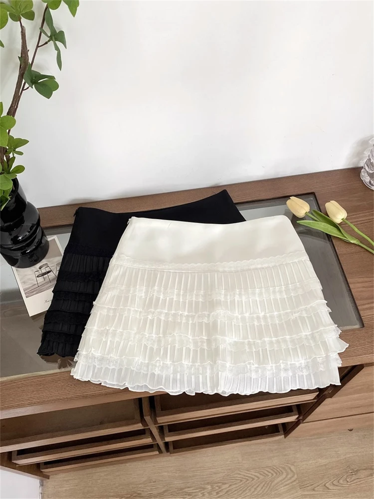 

Sweet Korean Sle f-length Cake Skirt with Lace Hem Pure Color for Young Women High-waist Commute-friendly Design