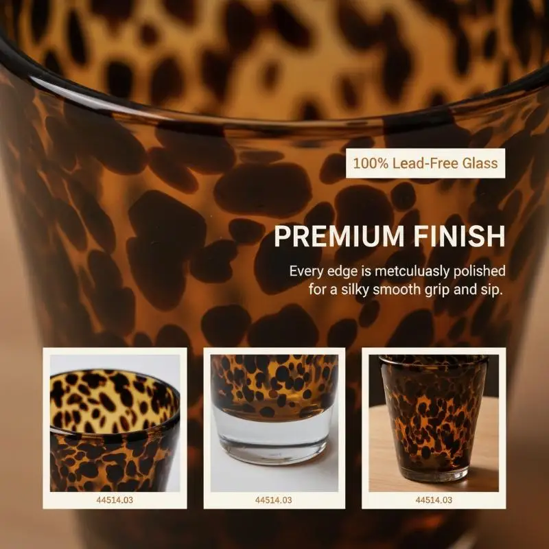 Hand-Blown Retro Brown Tortoiseshell Glass – Leopard Print Tumbler, Heavy Base, Elegant Water Cup for Kitchen, Home & Daily Use