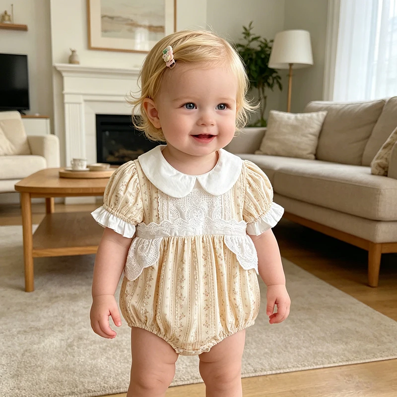 2026 Sommer Neu 0-24M Baby Mädchen Strampler mit Spitzenbesatz Blumenmuster Puffärmel Kurzarm-Strampler Säuglings-Baumwoll-Prinzessinnenkleidung