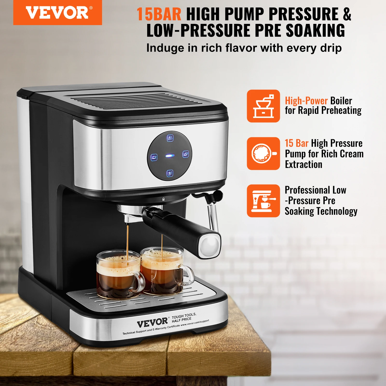 VEVOR Espresso Machine 15 Bar Coffee and Espresso Maker with Milk Frother Steam Wand Professional Semi-Automatic Latte Machine