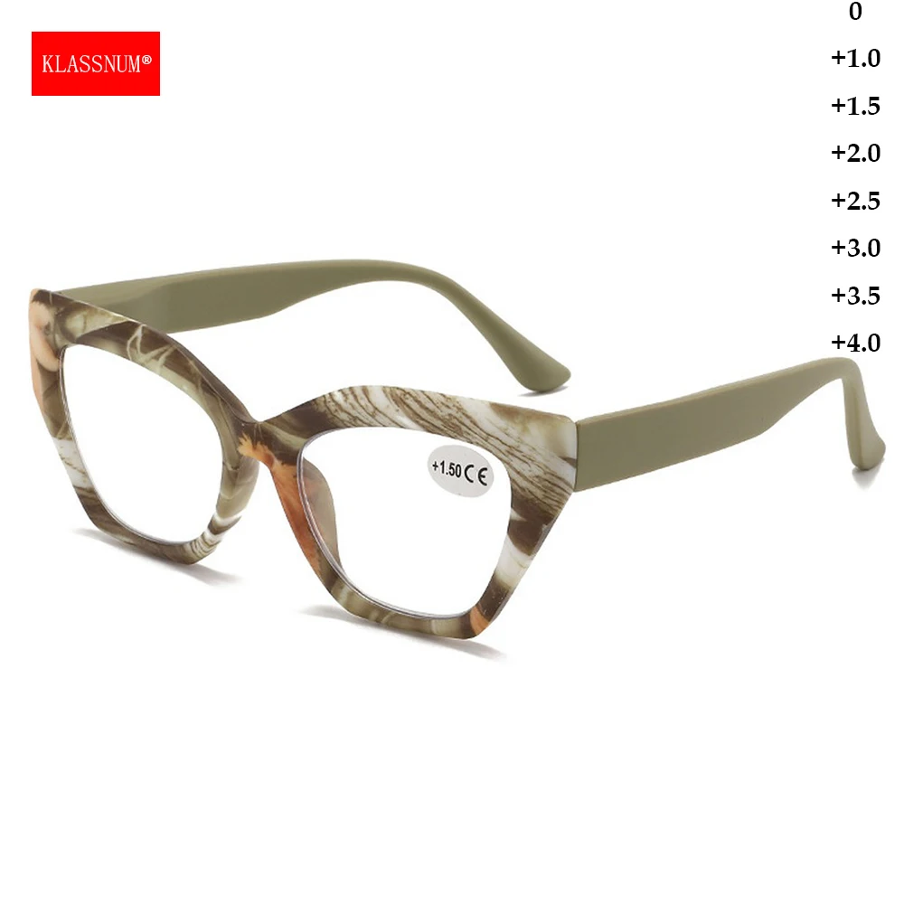KLASSNUM Women Plus Presbyopia Glasses Trendy Cat Eye Frame Magnifying Lenses Eyewear Reading Glasses +1.0+1.5+2.0+2.5+3.0+3.5