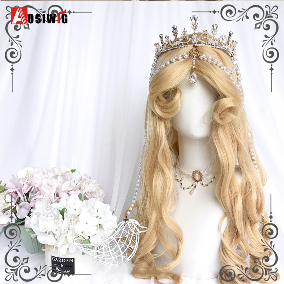 AOSIWIG Synthetic Long Wavy Cosplay Wig With Bang Blonde Cute Lolita Wig Women Halloween Cosplay Wig