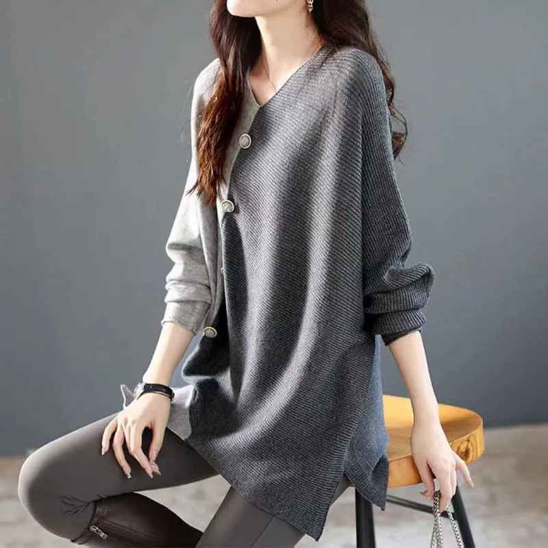 Korean Button Solid Color Spliced Sweaters Casual Autumn Irregular Fashion Batwing Sleeve Loose Knitted Jumpers Women\'s Clothing