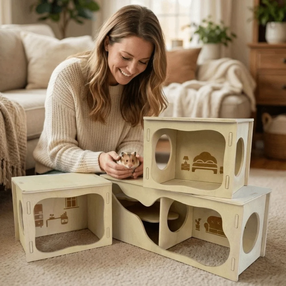 Climbing Structure Wooden Hamster House Detachable Chew-Proof Mouse Habitat Stackable Hamster Wooden Hut Pet Cage Landscaping