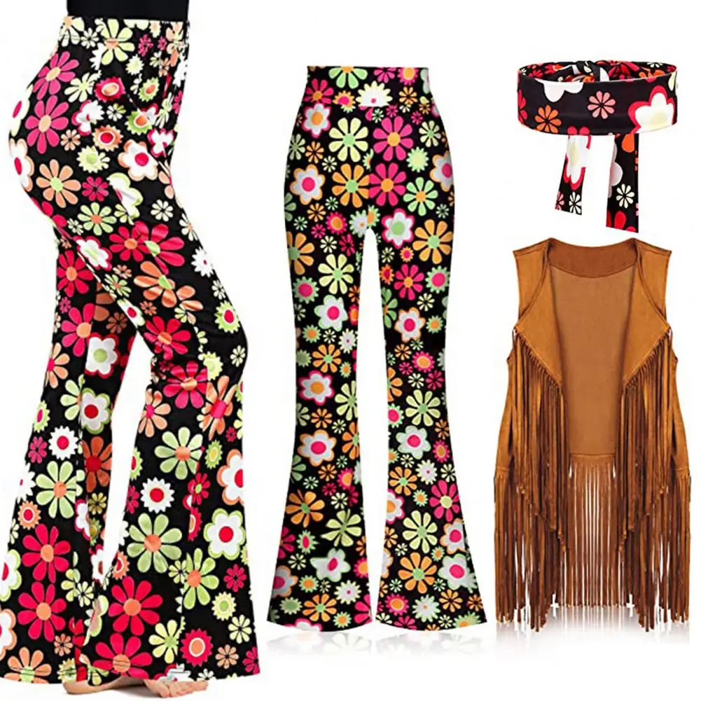 Retro 70s Style Women Outfit Retro Flared Pants Tassel Waistcoat Headband Two Pieces Set Nightclub Dance Trendy Boho Bottoms Set