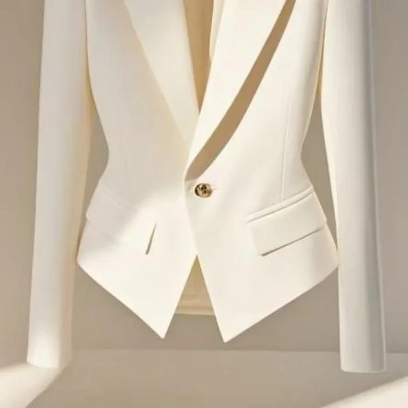 Chaqueta de traje blanca de gama alta para mujer, abrigo corto ajustado con un solo botón, prendas de vestir con solapa de diseño para oficina para mujer, Otoño Invierno XQ216
