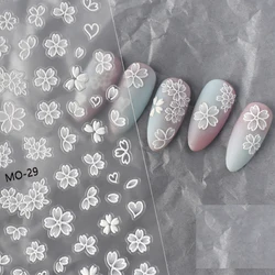 5D Embossed Nail Art Decals White Cherry Blossom Flowers Adhesive Sliders Nails Stickers Decorations For Manicure