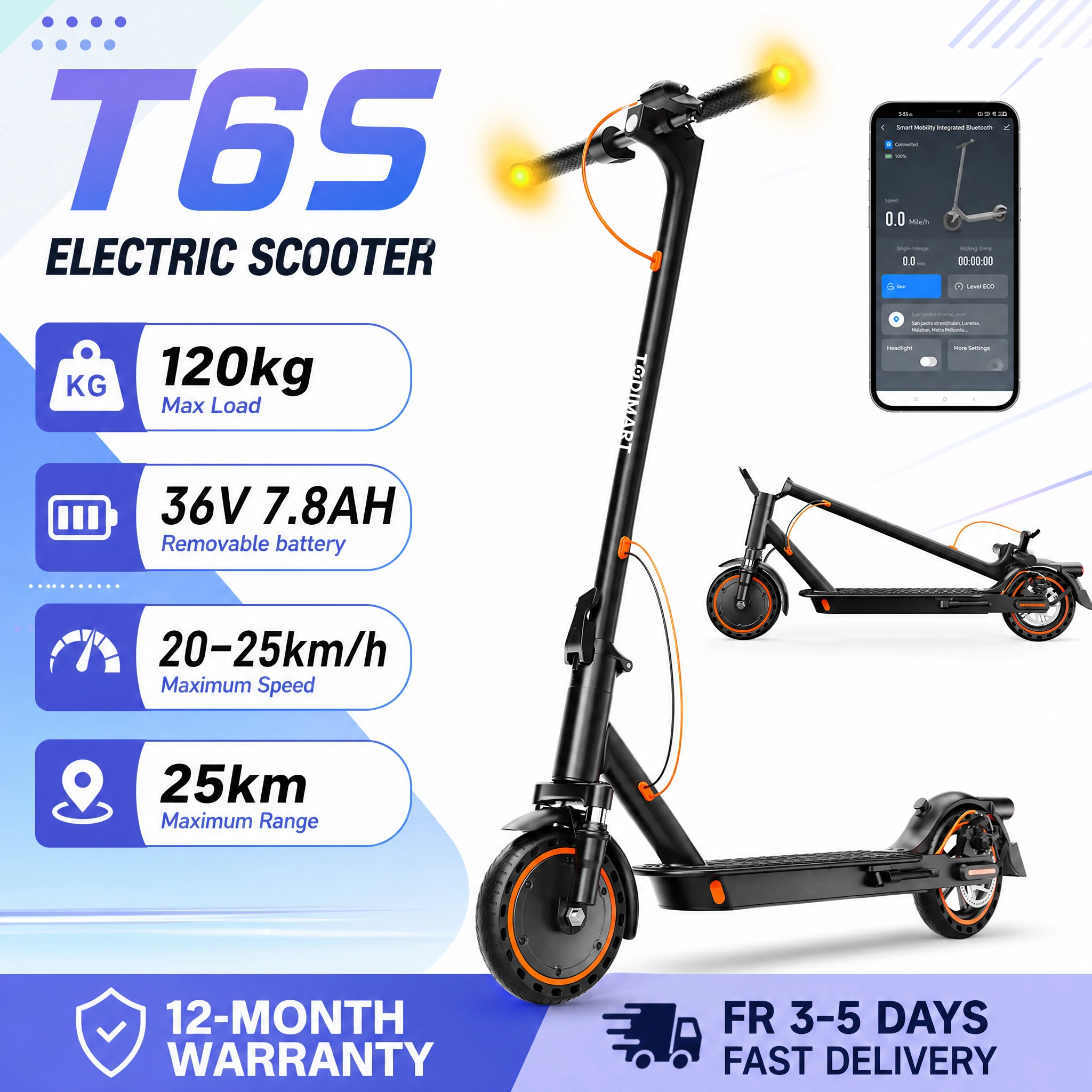 TODIMART T6S Monopattino Elettrico Pieghevole Adulto 36V 7.8Ah con Frecce Direzionali E Scooter Pneumatico Solido 8,5" Doppio Freno Monopattino Urbano Portata Massima 120KG per Spostamenti