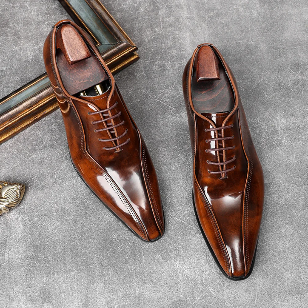 Men's Formal Shoes Top Layer Genuine Cowhide Leather Burnished Gentleman Dress Shoes Lace Up Spliced Leather Shoes for Men