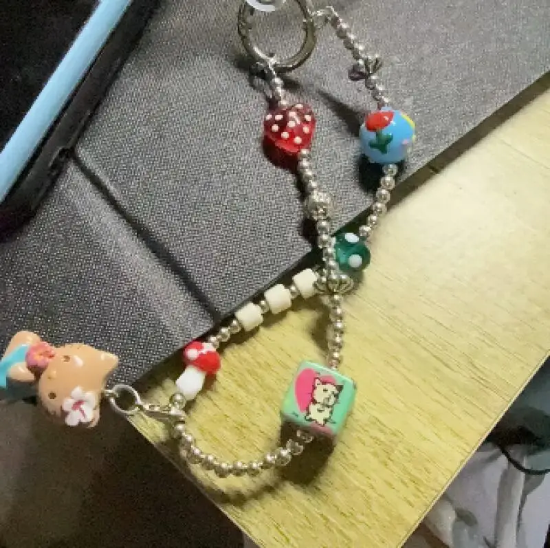 Sanrio Summer Vacation Style Black Skin Hello Kitty Sweet Cool Beaded Phone Chain Cartoon Ccd Lanyard Bag Pendant Gifts - view 6