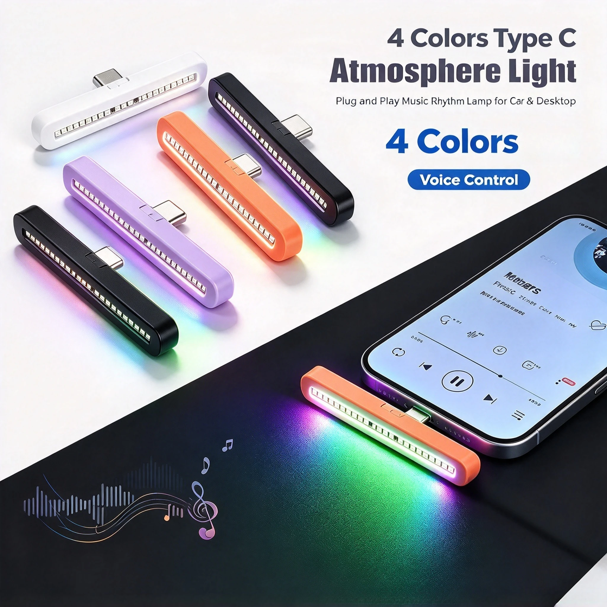 Multi Mode Atmosphere Car Ambient LED Lights Type C Plug Play Voice Control Rhythm Colorful Breathing Lamps for Auto Interior