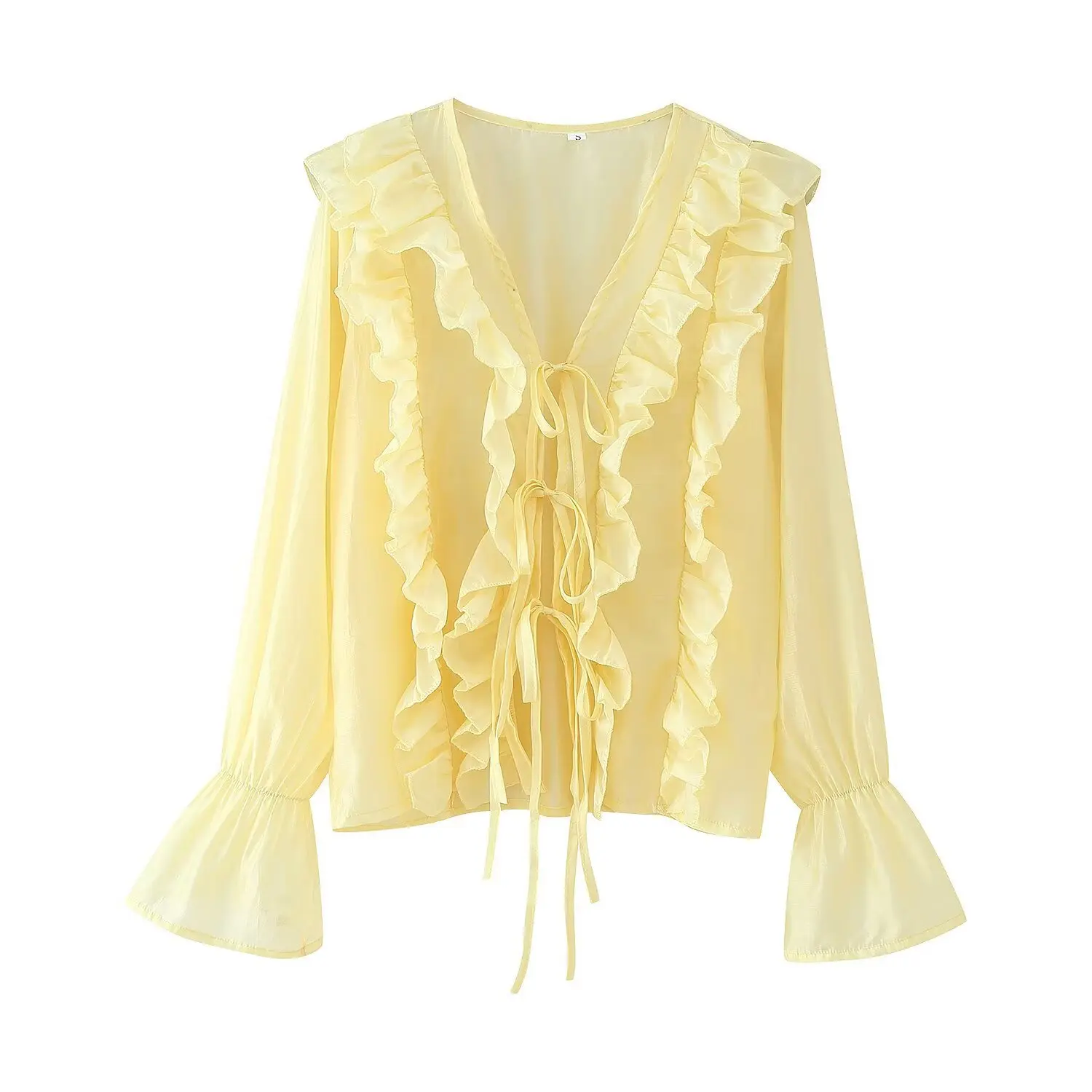 

Sweet French Fashion Women's Shirt Transparent Ruffle Lace-up Trumpet Sleeve Shirt New Fashion Summer 2025 Daily Holiday Shirt