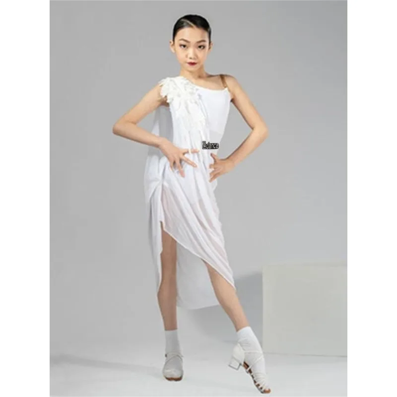 

Платье для латинских танцев по индивидуальному заказу, сетчатая юбка с крыльями для девочек, детское платье для латинских танцев, женская одежда для соревнований