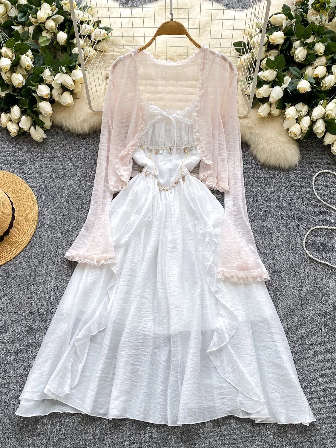 

Sweet Sle Women's Summer Outfit Thin Long Sve oulder awl Jaet Waist-Cinching ter Tassel Dr Faion Set