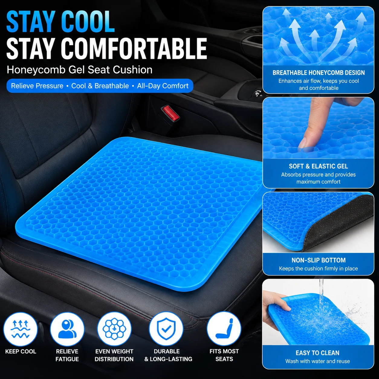 Breathable Honeycomb Gel Seat Cushion, Ergonomic Tailbone Relief for Office Chair, Car & Wheelchair