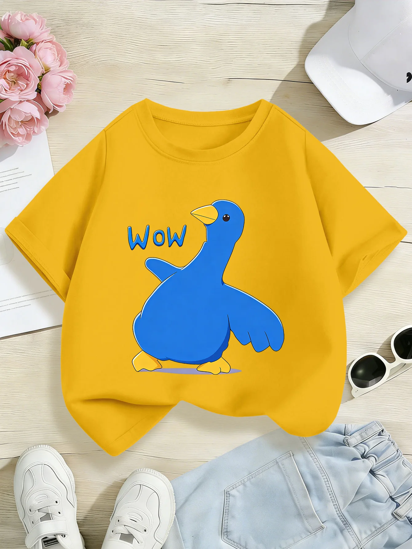 Cartoon Wow Blue Duck Print Boys Girls Short Sleeve Tee Parent Match Soft Cotton Kids Lovely Funny Daily Casual Fashion T Shirts