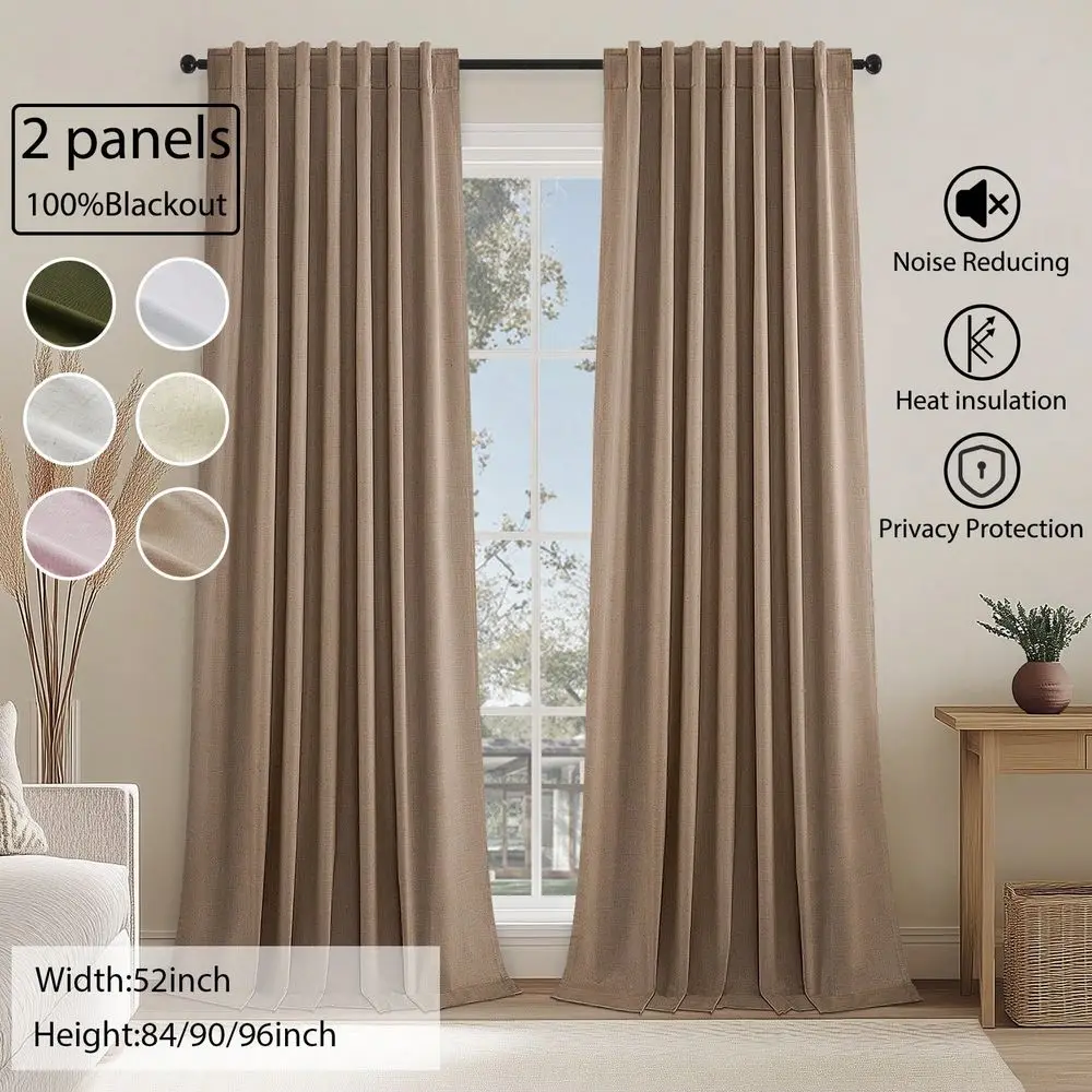 

2 Panels Linen Blackout Curtains, 100 Blackout Back Tab Rod Pocket Boho Soundproof Drapes With Hooks Rings For Living Room Bedr