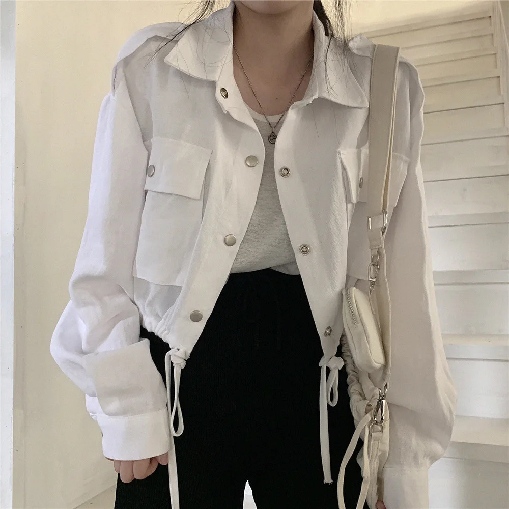 Autumn Retro Women's Jacket Turn-down Collar Single Breasted Short Tops Work Clothes Multiple Pockets High Waist female's Coat