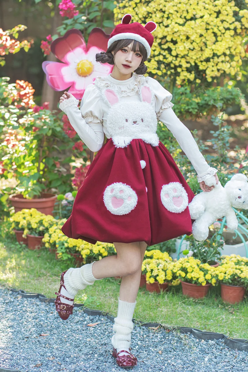 Kawaii – robe Lolita Jsk Cosplay pour filles, douce, en peluche, patte de lapin imprimée, poche, queue de boule, à volants, pour nouvel an