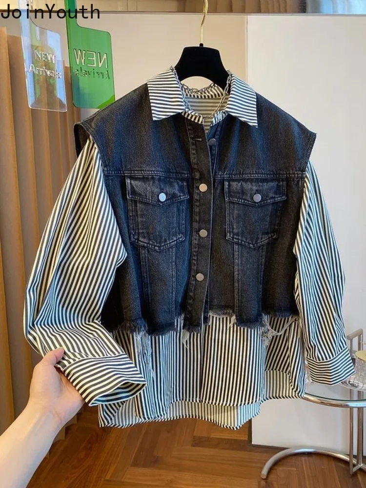 Blouse Women\'s Clothing Vintage Denim Patchwork Fake Two Shirts 2023 Blusas Mujer De Moda Casual Striped Y2k Oversized Tops