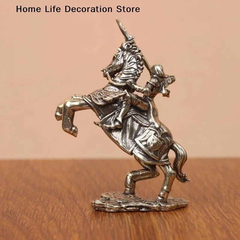 【H】Brass Medieval Knight Riding Horse Statue Vintage Carved Solid Texture For Home Office Desktop Decor Collection Gift