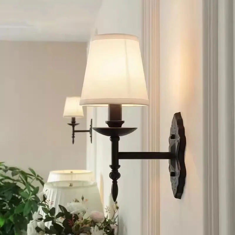 American Black Iron Wall Lamp Retro Living Room Bedroom Bedside Hotel European Countryside Study E14 Fabric Wall Light Sconce