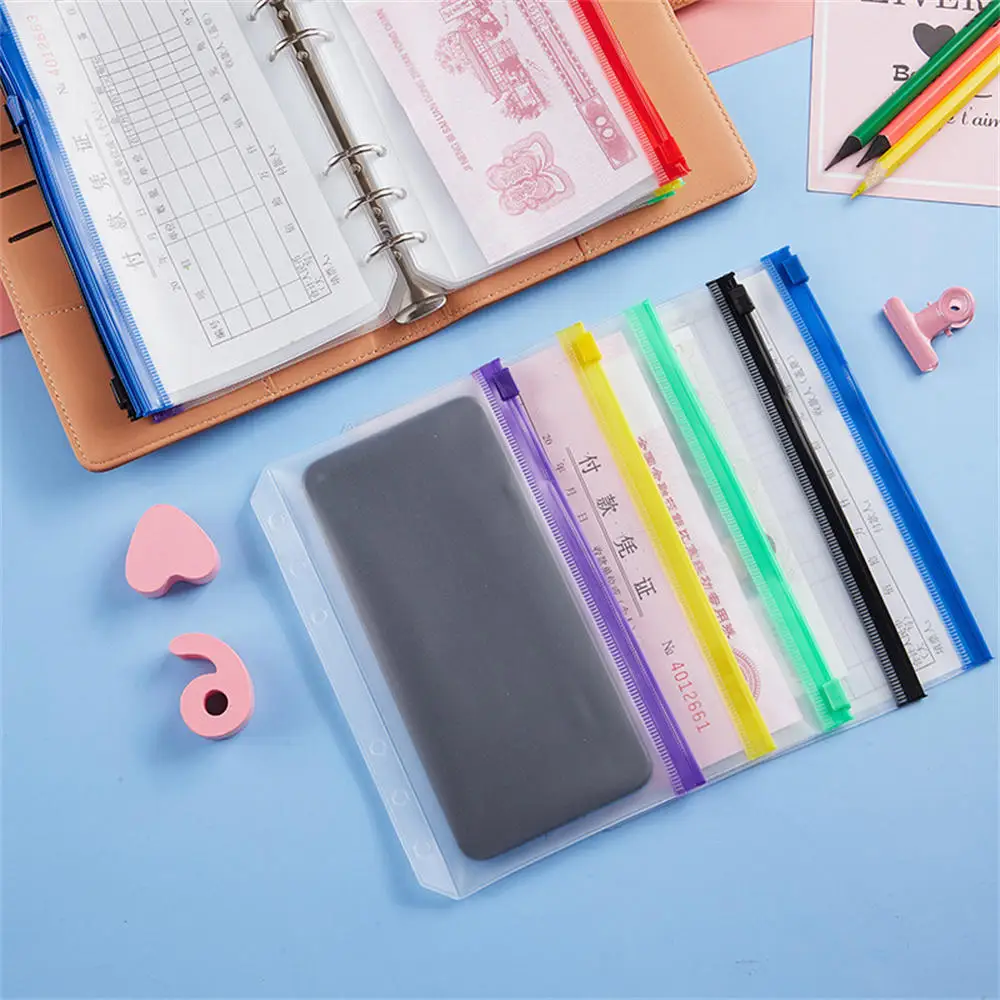 A5/A6 Binder Zipper Folders File Storage Organizer Frosted PVC Colorful Zipper Bag 6 Ring Waterproof Notebook Binder Pockets