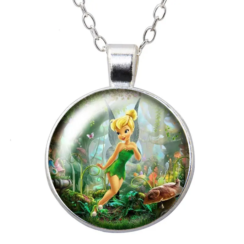 Disney Princess Tinker Bell Spirit Cute Cartoon Round Photo Glass cabochon silver plated pendant necklace jewelry Gift