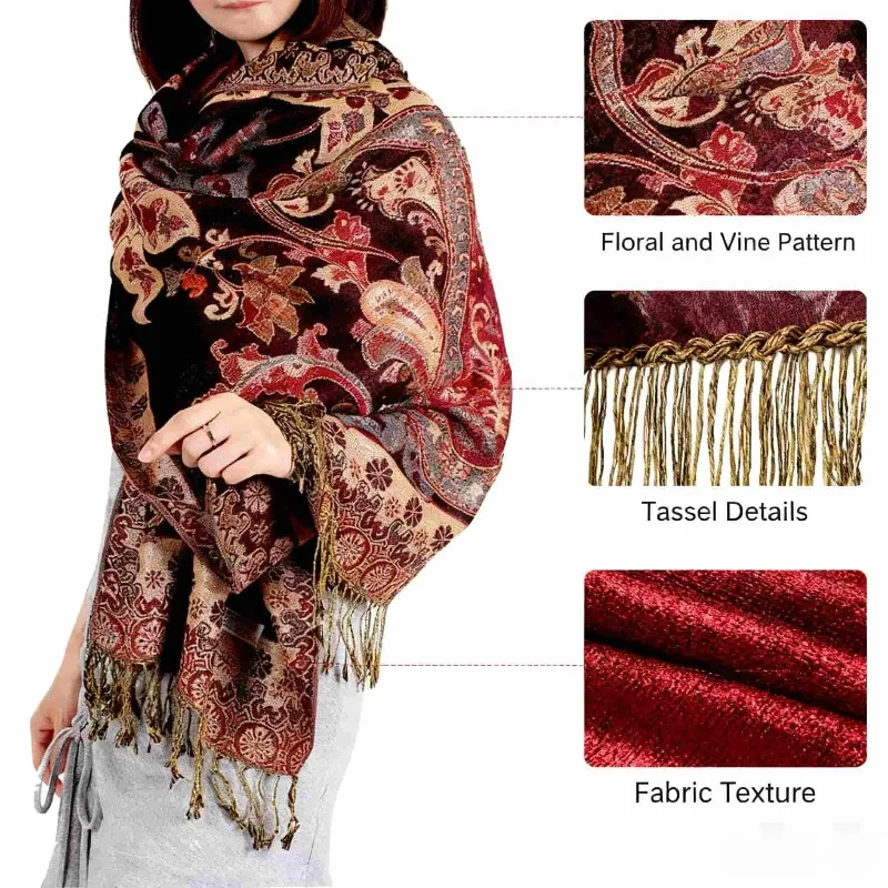 

Шарф с узором пейсли, с бахромой по краям и замысловатым плетением, теплая упаковка в богемном стиле, модный аксессуар в этническом стиле