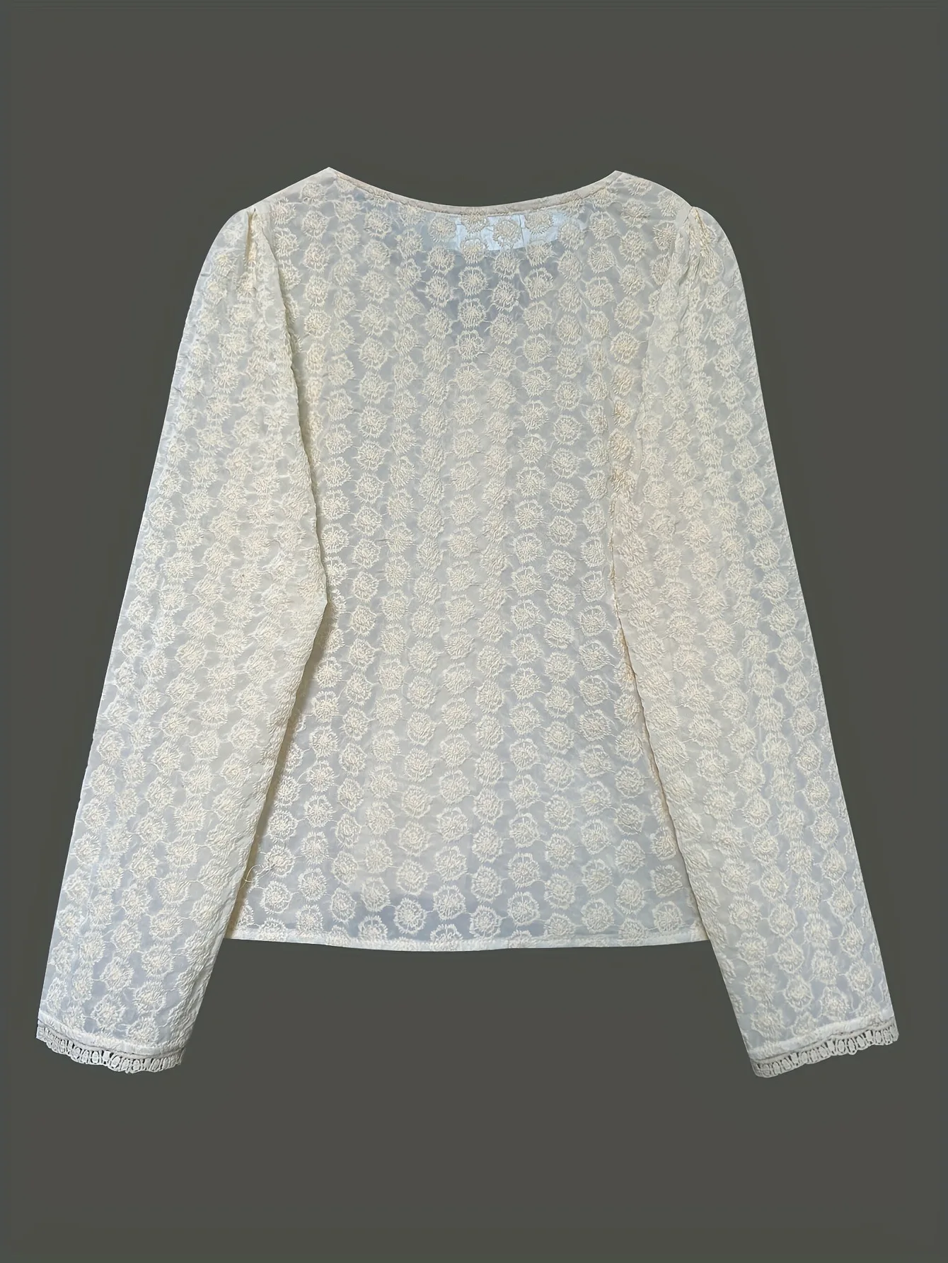 Lente en herfst nieuwe mode damesvest enkele rij knopen mesh lange mouw kanten shirt elegante slanke korte v-hals blouse