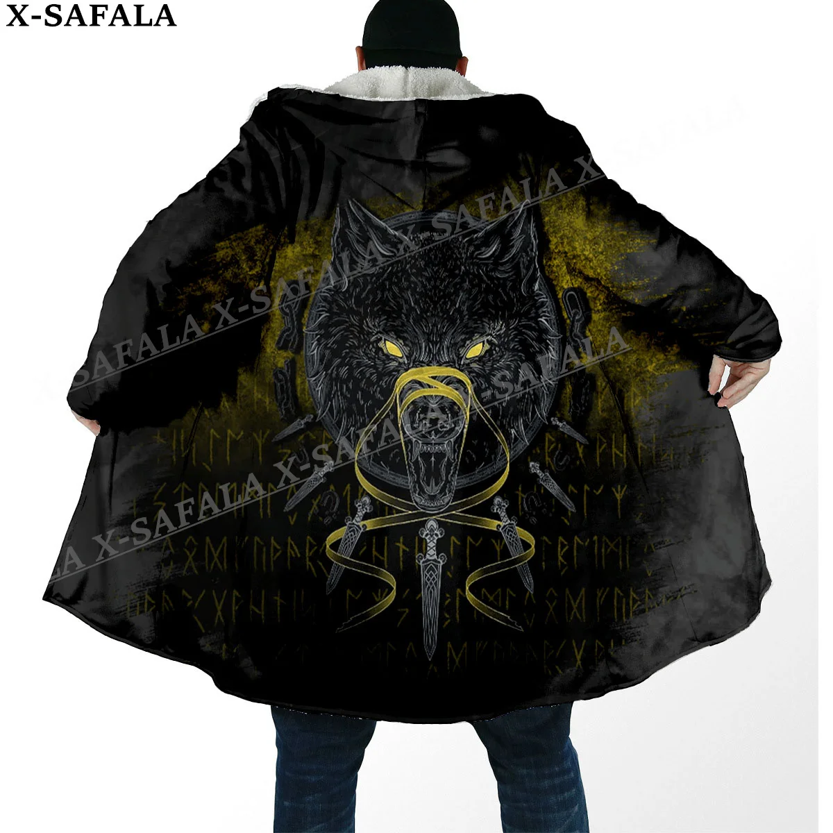 Norse Mythology Vegvisir Viking Symbol Thick Warm Hooded Cloak Men Overcoat Coat Windproof Fleece Cape Robe Hooded Blanket-11