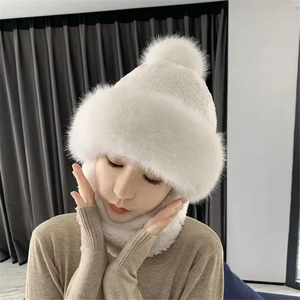 Winter Scarf Set Hooded for Women Plush Neck Warm Russia Outdoor Ski Windproof Hat Thick Plush Fluffy Beanies Cycling Cap