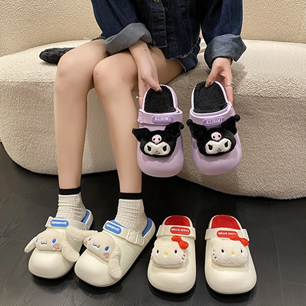 Anime Hello Kitty Sanrioed Women Plush Slippers Kawaii Doll Kuromi Cinnamoroll Winter Warm Girl Home Cotton Shoes Non-Slip Cute