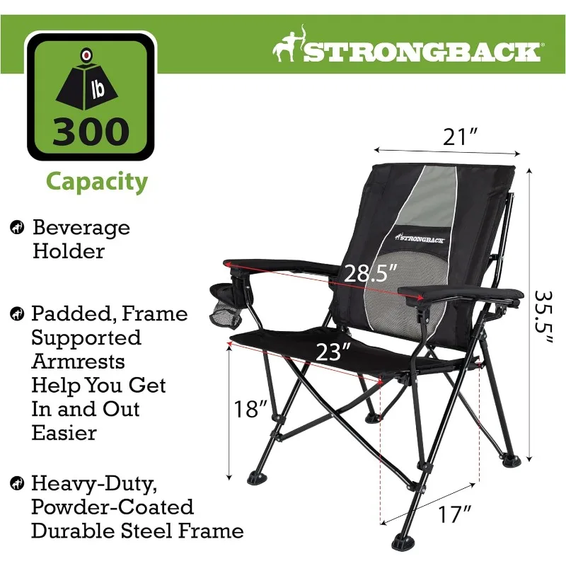 STRONGBACK Elite Folding Camping Lawn Lounge Chair Heavy Duty Camp Outdoor Seat with Lumbar Support and Portable Carry Bag,