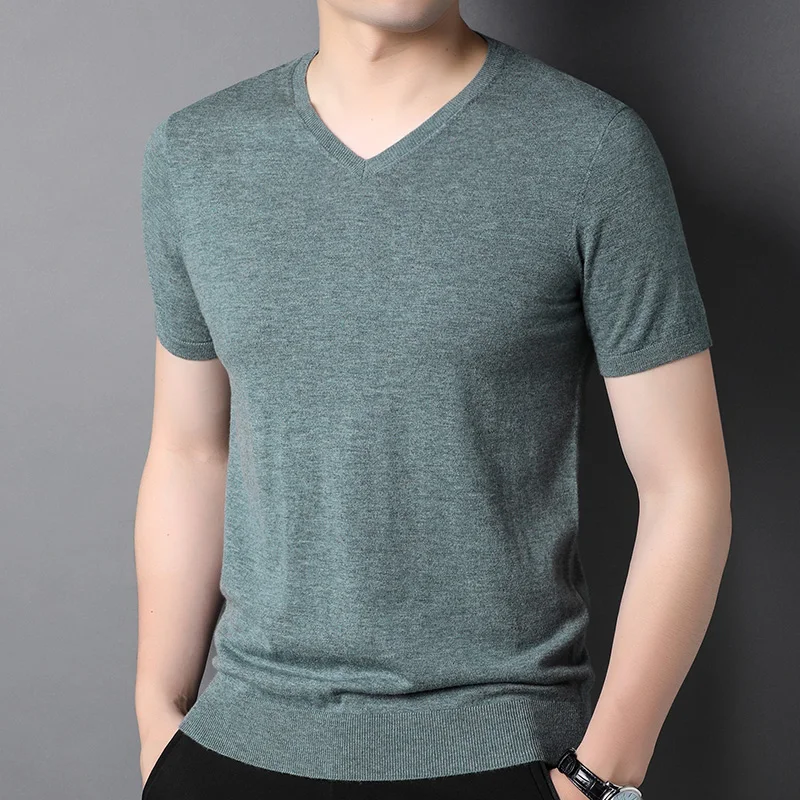 

Men 100% Pure Wool Tee Tops 2022 Spring Solid Color Thin Sweater Shirts Male Short Sleeve Slim V-Neck Knitting Wool T-Shirts