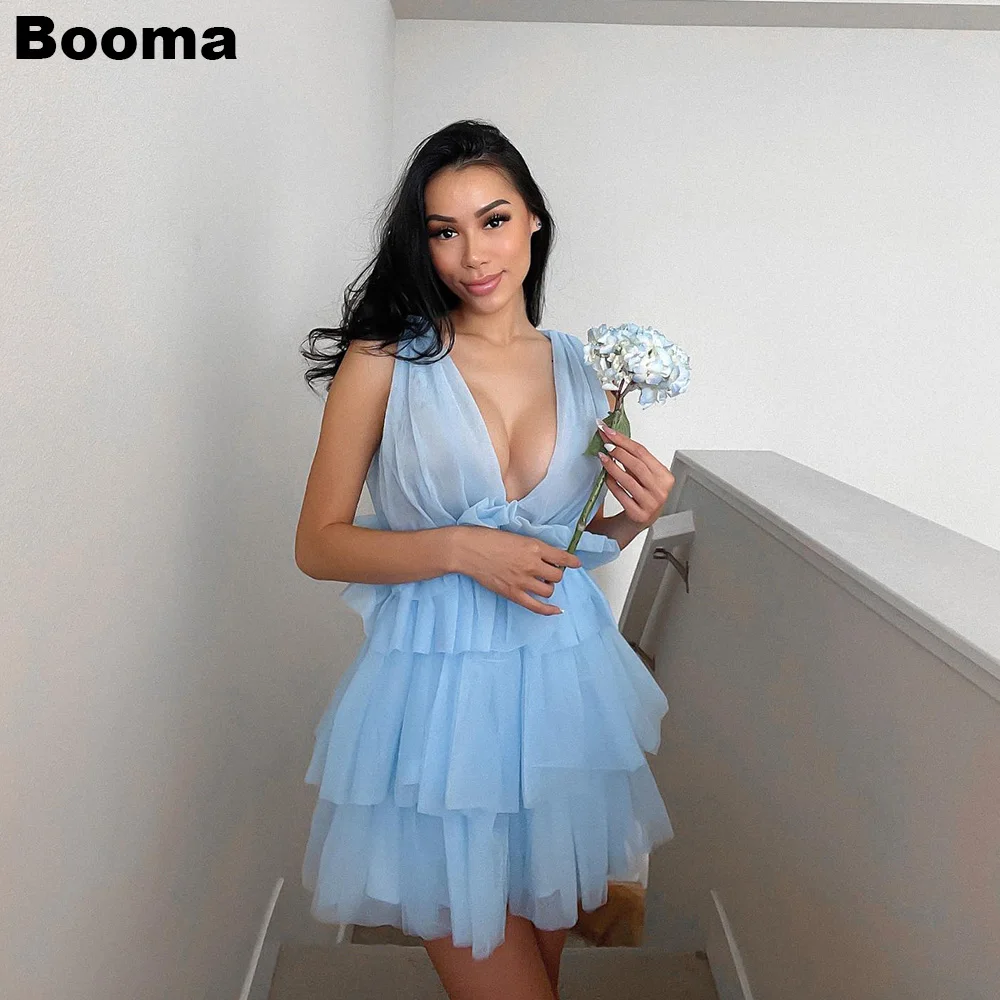 Booma-Sky Blue Sexy A Line Mini Vestidos de Baile para Mulheres, Decote V Profundo, Vestidos de Noite Chiffon em Camadas, Vestidos Cocktail