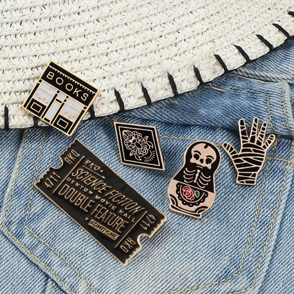 Collection Punk Cool Enamel Pins Magic Hat Eagle Movie Ticket Rock Hand Crane Skeleton Brooches Dark Black Badge Gothic Jewelry