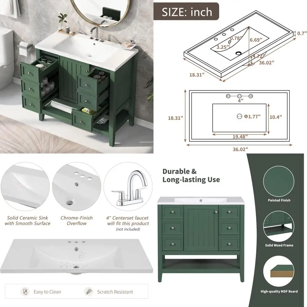 36 Inch Single Bathroom Vanity with Sink, Cabinet and 3 Drawers, Made of Solid Wood and MDF