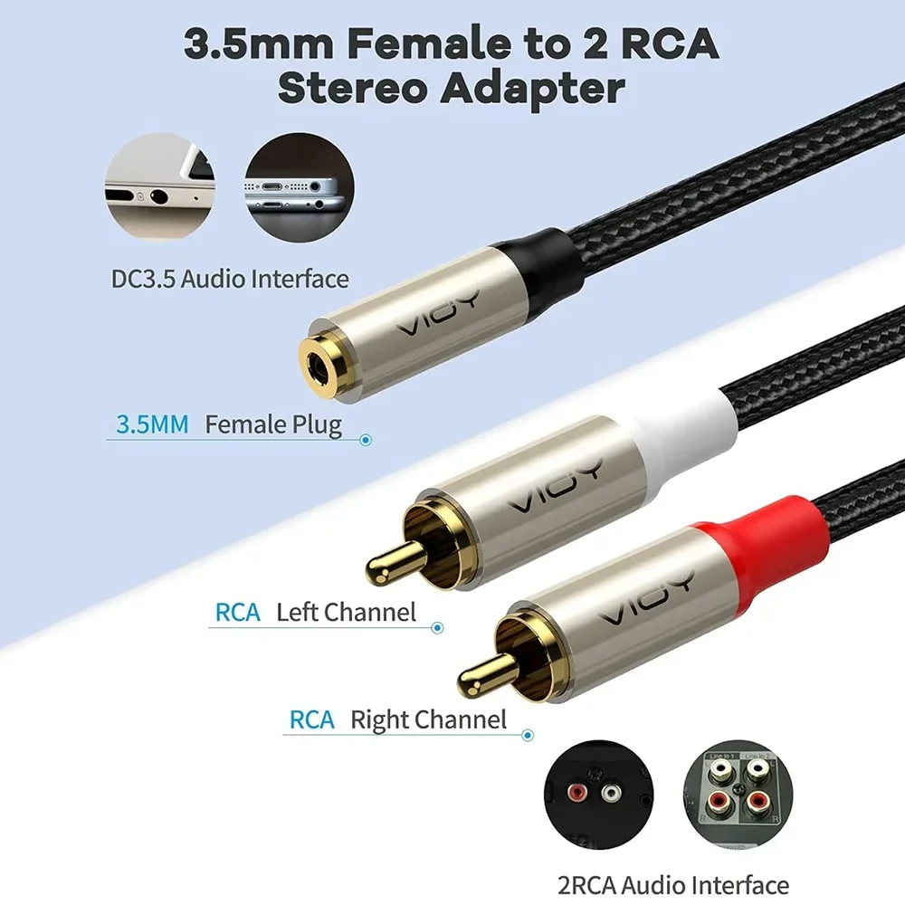 3.5mm To 2RCA Cable 3.5mm Jack Female To 2RCA Male Stereo Audio Adapter RCA Extension Cable for Phone Amplifier Speaker DVD Etc